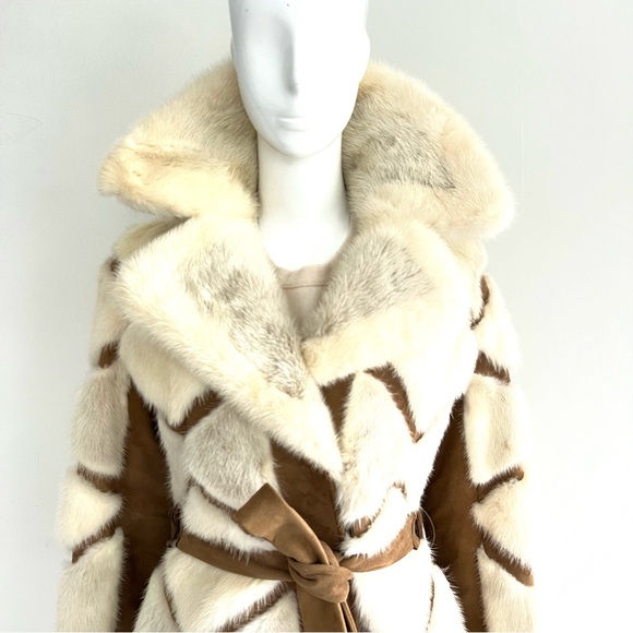 Genuine Geometric Cream w Light Gray Mink Tan Faux Suede Mid Jacket Coat Sz XS-M - Picture 2 of 15